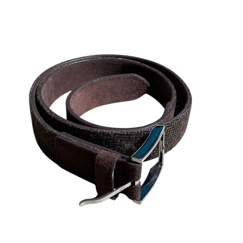 The Tie Bar Brown Herringbone Wool Blend Suede Leather Trim Belt - Medium